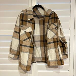 Vangull Flannel Hooded Shacket Jacket Cream Tan Size Medium